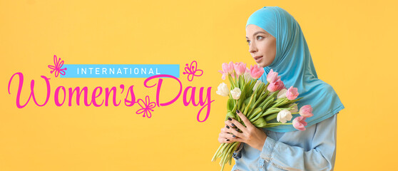 Beautiful Muslim woman with flowers and text INTERNATIONAL WOMEN'S DAY on yellow background