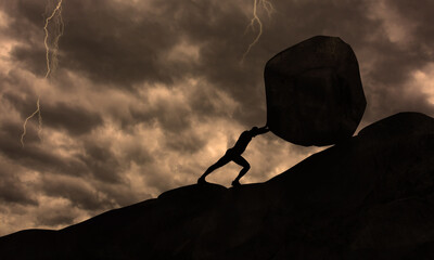 Strong man Pushing uphill Big Concrete Stone At rainy Cloudy Sky Thunder Storm . Businessman Push The Heavy Boulder up To The top of Mountain.  Sisyphus , Hard Work and Don't give Up Conceit  - obrazy, fototapety, plakaty