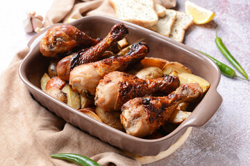 Baking dish with tasty cooked chicken drumsticks and potatoes on grunge background