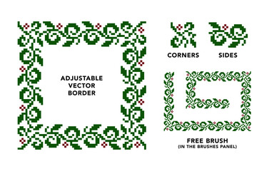 Vector Green and Red Vines Border and Brush Set (Pixel Art)