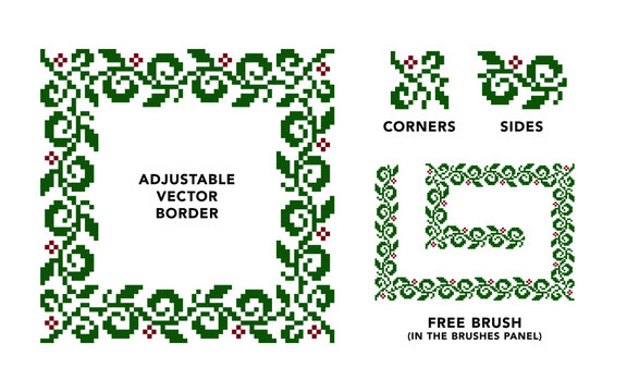 Vector Green and Red Vines Border and Brush Set (Pixel Art)
