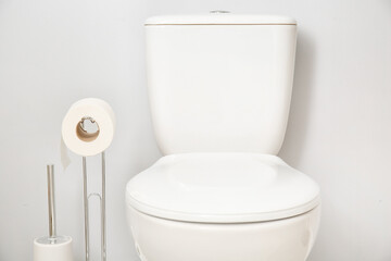 Toilet bowl, brush and holder with roll of paper near light wall