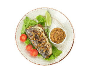 Plate with delicious sea bass fish, vegetables and bowl with mustard seeds on white background