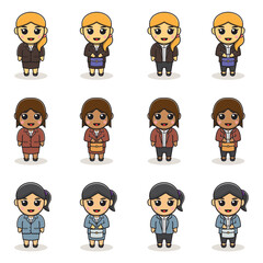 Set of business woman creation character in uniform suit. cartoon business people style. set of funny cartoon office worker. Vector illustration flat design isolated on white background.