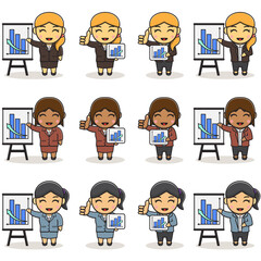 Vector Cartoon illustration of Cute business woman in uniform suit with presentation. cartoon business people style. set of funny cartoon office worker.