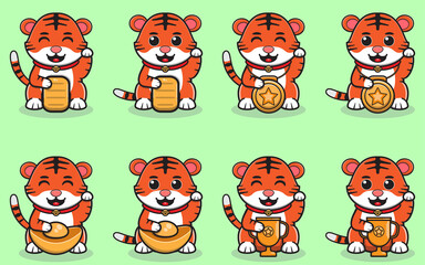 Naklejka premium Vector Illustration of Cute cartoon tiger. Smiling tiger cartoon. Set of cute little tiger characters. Animal holidays cartoon character. Lucky cat pose. Flat icons in cartoon style.