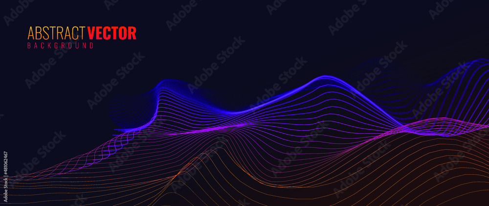 Poster Abstract Music Background. Line Waves Abstract Sound Equalizer. Colorful Spectrum, Sound Pulse Color Lines. Vector Illustration. Dark Wide Wallpaper.