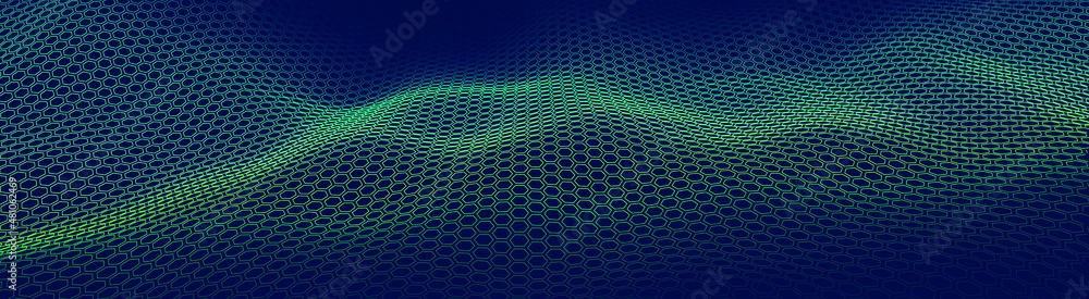 Fototapete futuristic hexagon grid. hud background design element. technology concept. ultrawide 3d landscape. 