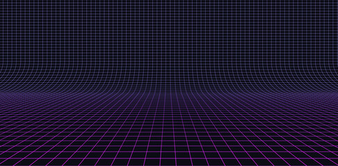 Retro Futuristic Neon Grid Background. 80s Design Perspective Plane Landscape. Neon Lines Lights. Synthwave, Retrowave, Vaporwave Theme Vector Illustration © ec0de