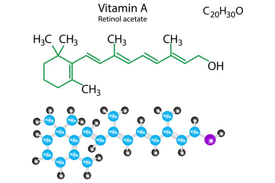 Vitamin A molecule structure. Retinol acetate skeletal formula. Scientific concept. Vector illustration. Stock image.