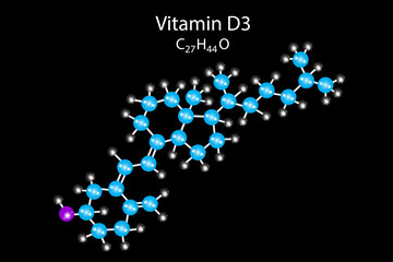 Vitamin D3 skeletal formula. Cholecalciferol molecular structure. Black background. Vector illustration. Stock image. 