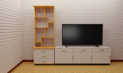 lcd tv on wooden showcase and cabinet in the livingroom.3d rendering.
