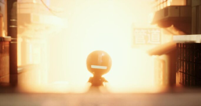 Cute robot walking from a bright big yellow light in an ally