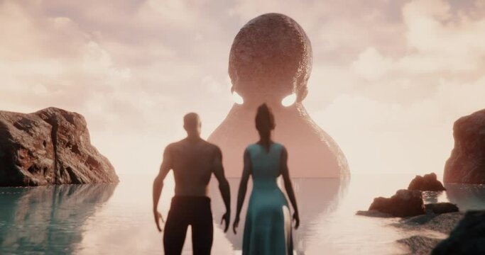 Animation of Couple standing next to the ocean when a giant octopus rise from the horizon