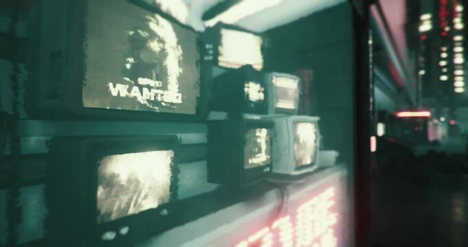 Robots walk on the sidewalks while the camera reveals tv store windows with wanted ads.
