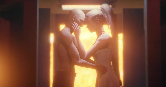 Abstract animation scene of a Human couple locked in a glass container hugging each other while a door is closing.