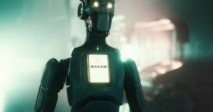 Close up of a Robot walks in a futuristic ally