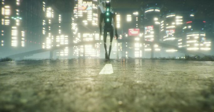 A futuristic robot walks towards a futuristic city as flying cars fly in sight and a statue of the goddess of justice looms in the distance