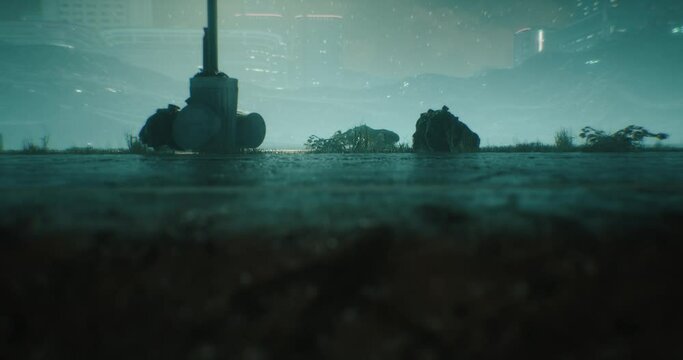 Animation of a Robot struggles to get up from the wet road while a car driving by.