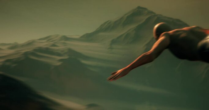 Animation of a flying man across the desert in outer space between the mountains.