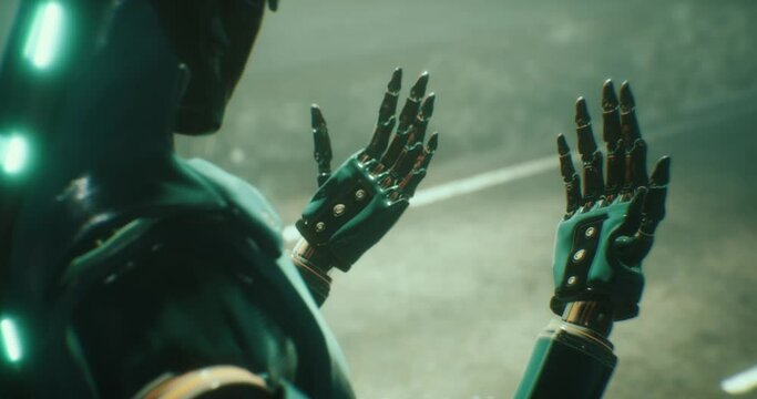 Animation of a Robot looking at his hands while a car drives by in the near road.