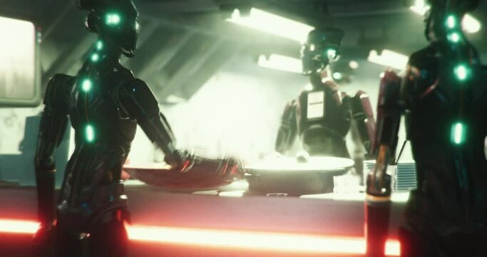 Robots argue at a futuristic food stall when another robot enters the frame and the camera follow it.