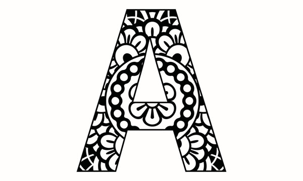 Zentangle stylized alphabet - letter A. vector illustration Black white hand drawn doodle. Ethnic pattern. African, indian, totem, design, adult antistress coloring page, poster, print, t-shirt.