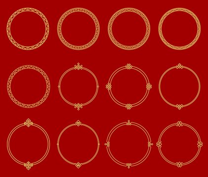 Round circle asian frames. Japanese, korean and chinese borders. Oriental decorative frames set with geometric line ornaments, vector vintage borders with golden endless knot patterns