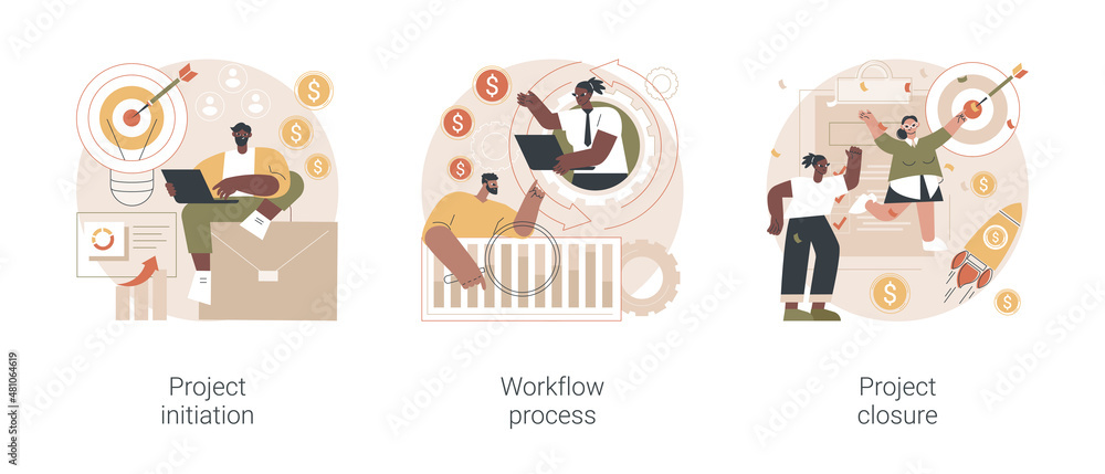 Poster project implementation abstract concept vector illustration set. project initiation and closure, wor