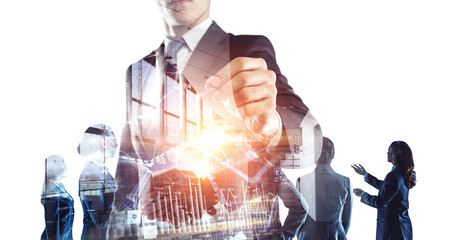 Group of business people outlines with lit background . Mixed media