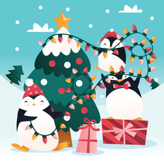 Cartoon Cute Penguins Decorating Christmas Tree