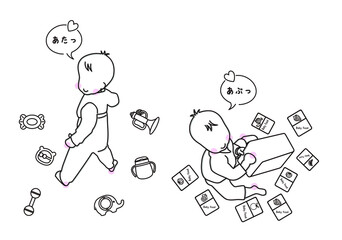 かわいい赤ちゃんのイラスト　お座りしてる赤ちゃんと立ってる赤ちゃん　遊んでる赤ちゃん　線画