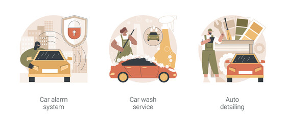 Automobile care service abstract concept vector illustration set. Car alarm system, car wash service, auto detailing, anti-theft, automatic wash, full service, vehicle detailing abstract metaphor.