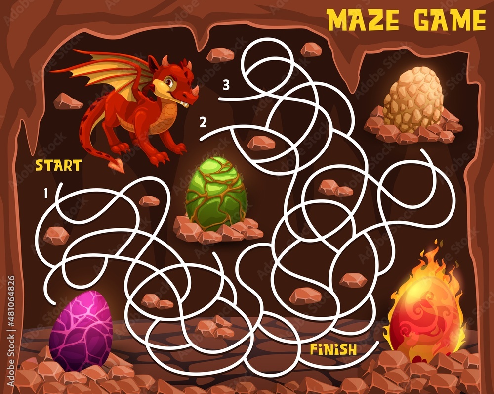 Poster labyrinth maze with cartoon dinosaur or dragon eggs in cave. start to finish game, kids education pu