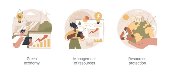 Sustainable development abstract concept vector illustration set. Green economy, management of resources, natural resources protection and land conservation, renewable energy abstract metaphor.