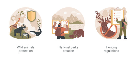 Wildlife preservation abstract concept vector illustration set. Wild animals protection, national parks creation, hunting regulations, hiking trail, shooting limit, ecosystem abstract metaphor.