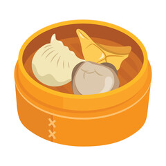 Cartoon Chinese Dumplings In Bamboo Basket