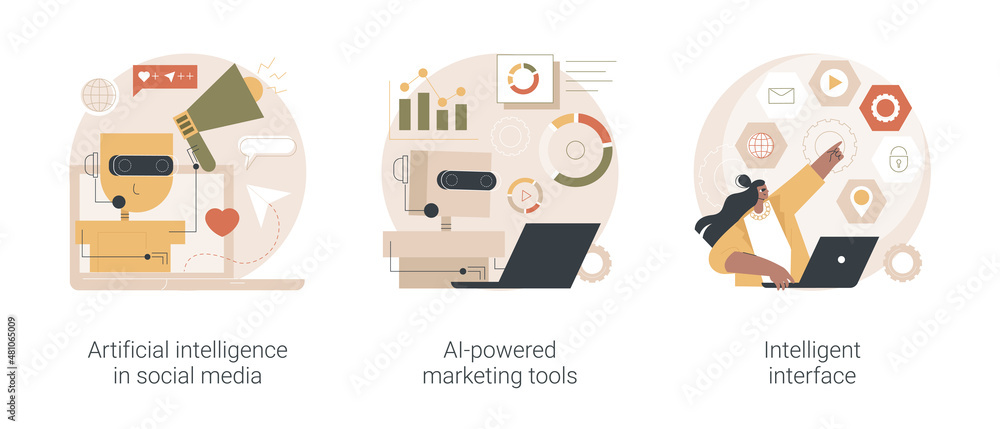 Poster automated algorithm abstract concept vector illustration set. artificial intelligence in social medi