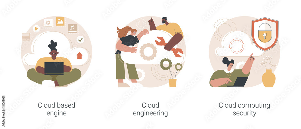 Poster data storage abstract concept vector illustration set. cloud based engine, cloud-native software dev