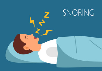 Man sleeping and snoring in flat design. Snore health problem concept vector illustration.