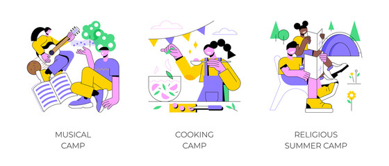 Fototapeta premium Children summer vacation abstract concept vector illustration set. Musical summer camp, culinary education for kids, religious camp, playing instrument, young chief, Bible study abstract metaphor.