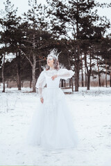 Close up stylized portrait of beautiful woman with art make up in snowy forest in winter. The Snow Queen concept.