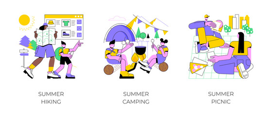 Vacation activities abstract concept vector illustration set. Summer hiking, caravan camping in national park, outdoor picnic, scout program, leisure time spending, park trails abstract metaphor.