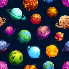 Cartoon futuristic space planets and stars seamless pattern. Alien galaxy planets system background, fantastic space habitable worlds wallpaper with lava, ice and craters, rings, continents in oceans
