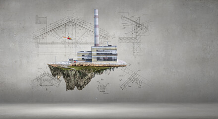 Industrial landscape with chimneys . Mixed media