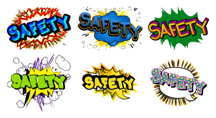Safety. Comic book word text on abstract comics background. Retro pop art style illustration.