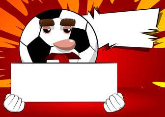 Soccer ball holding white box. Traditional football ball as a cartoon character with face.
