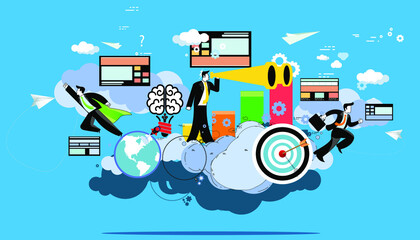 Businessman holds telescope foresight.businessman running  with businessmen workers flying to success.idea and concept creativity illustration business.