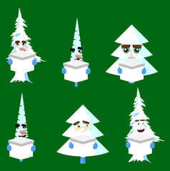 Cartoon winter pine trees with faces holding white box. Cute forest trees. Snow on pine cartoon character, funny holiday vector illustration.