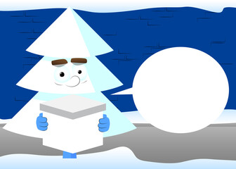 Cartoon winter pine trees with faces holding white box. Cute forest trees. Snow on pine cartoon character, funny holiday vector illustration.